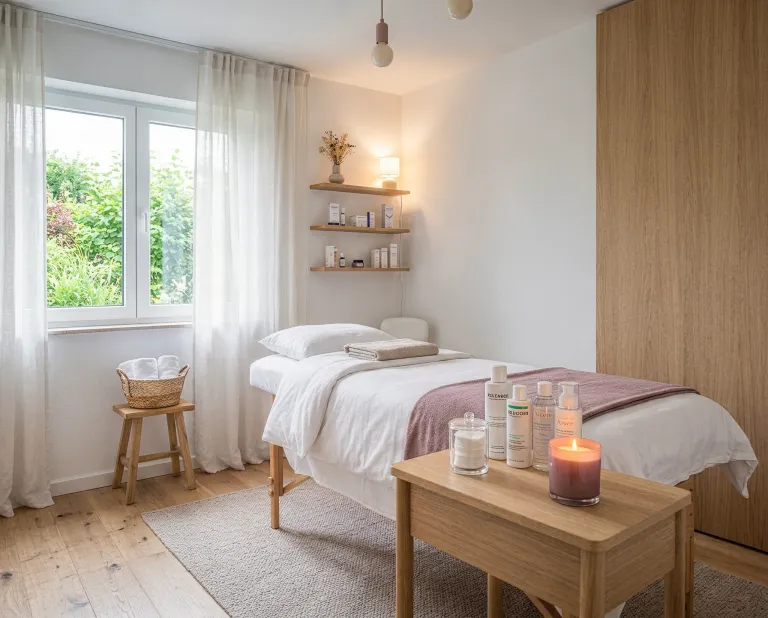 Kosmetické studio Velvet Glow Studio s moderním světlým interiérem a ošetřovacími místnostmi
